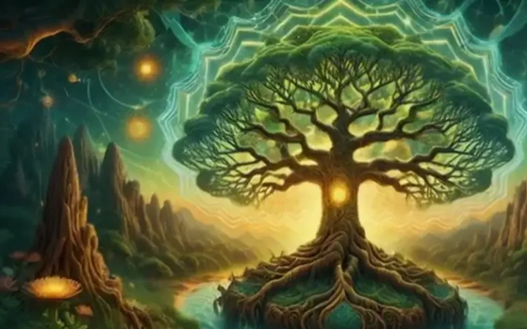 Paisaje energético con árbol y montañas que simbolizan la conexión espiritual y la fuerza vital de la naturaleza