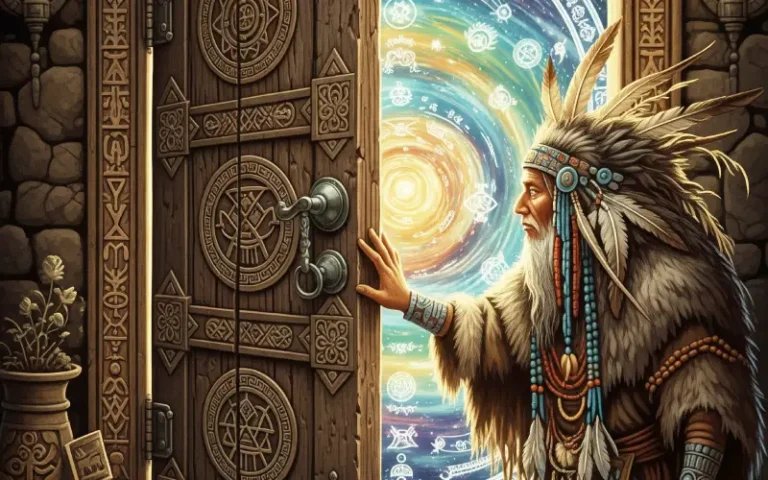 Puerta ancestral abriéndose a un vórtice de conocimiento