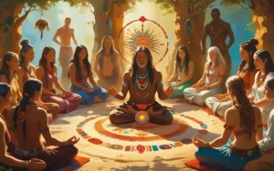 Personas reunidas en círculo alrededor de un médium incorporado en una ceremonia con diferentes estilos de vestimenta ritual