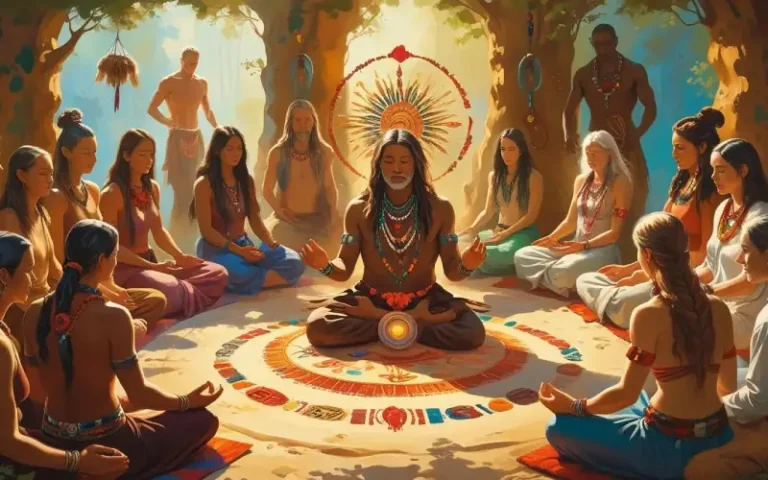 Personas reunidas en círculo alrededor de un médium incorporado en una ceremonia con diferentes estilos de vestimenta ritual