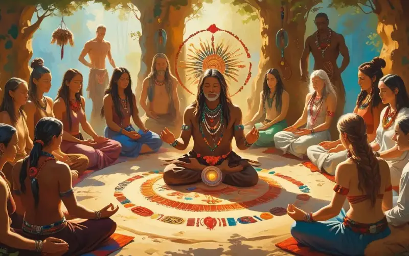 Personas reunidas en círculo alrededor de un médium incorporado en una ceremonia con diferentes estilos de vestimenta ritual