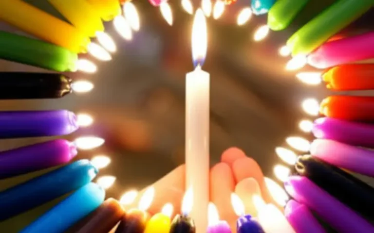 Varias velas de colores encendidas y una mano sosteniendo una vela blanca, simbolizando la guía y el uso de los colores en rituales