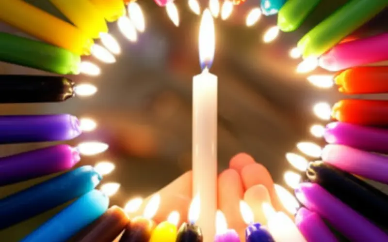 Varias velas de colores encendidas y una mano sosteniendo una vela blanca, simbolizando la guía y el uso de los colores en rituales