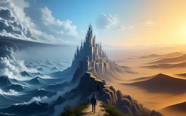 Imagen simboliza los cuatro enemigos del conocimiento: miedo (tormenta), claridad (cielo sereno), poder (castillo), y vejez (desierto).