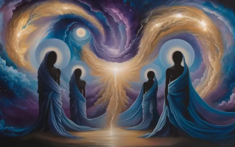 Representación artística de varios espíritus guías etéreos sobre un fondo abstracto de colores difuminados y formas místicas, transmitiendo una sensación de guía espiritual y conexión con lo trascendental
