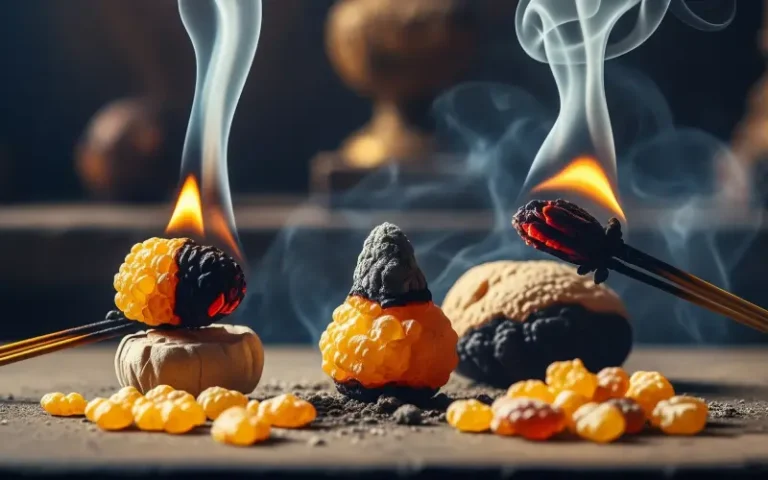 Resinas sagradas como incienso, mirra y benjuí con humo en un ambiente ritual