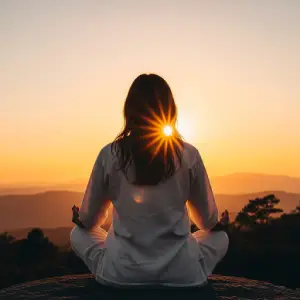 Mujer meditando al sol, sentada sobre una montaña, disfrutando del contacto con la naturaleza