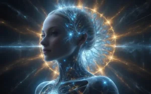 rostro de mujer iluminado con luces que simulan la energía del alma en un entorno espiritual