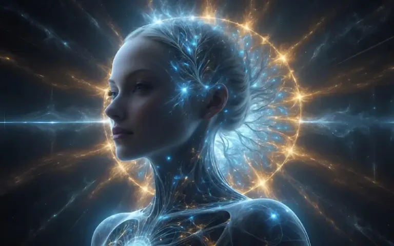 rostro de mujer iluminado con luces que simulan la energía del alma en un entorno espiritual