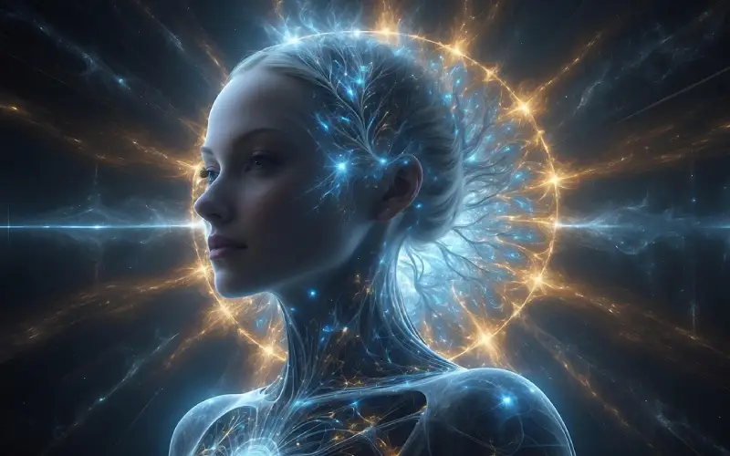 rostro de mujer iluminado con luces que simulan la energía del alma en un entorno espiritual
