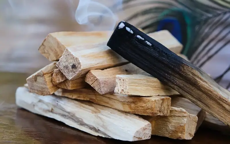 Palo santo encendido con humo para limpieza energética y ritual ancestral