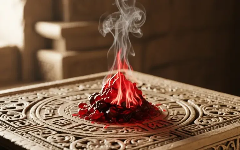 Altar de piedra con resina de sangre de drago ardiendo