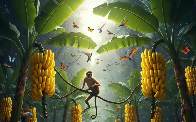 Selva tropical exuberante con plátanos amarillos maduros, hojas verdes vibrantes y luz solar moteada