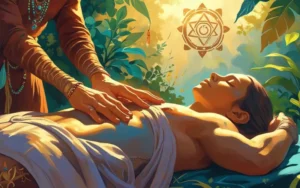 Un chamán realizando una sesión de terapia espiritual a una persona, en un ambiente tranquilo y ceremonial