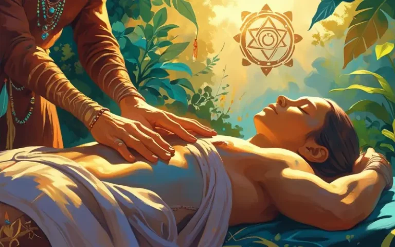 Un chamán realizando una sesión de terapia espiritual a una persona, en un ambiente tranquilo y ceremonial