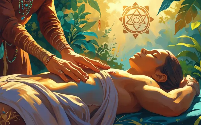 Un chamán realizando una sesión de terapia espiritual a una persona, en un ambiente tranquilo y ceremonial