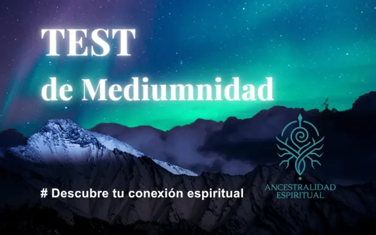 Imagen de un cielo estrellado sobre montañas con el logo de Ancestralidad Espiritual, simbolizando la conexión con el mundo espiritual a través del test de mediumnidad